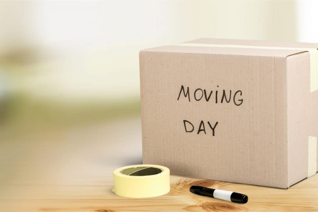 a moving box with moving day written on the side with packing tape and marker sitting in front of the box