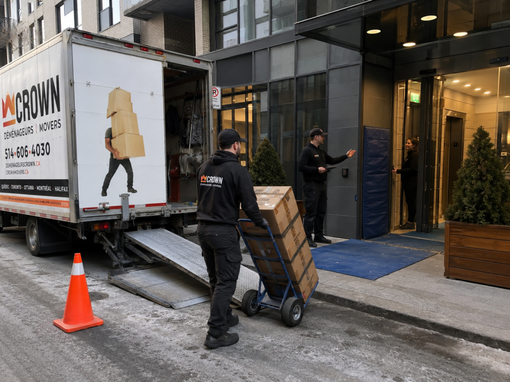 Déménageurs Crown déchargeant des boîtes devant un immeuble montréalais avec accès réservé près de l’entrée et de l’ascenseur.
