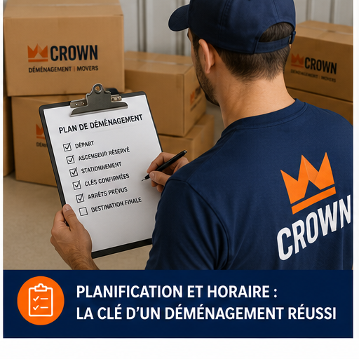 Déménageur Crown vérifiant le plan et l’horaire d’un déménagement à Montréal