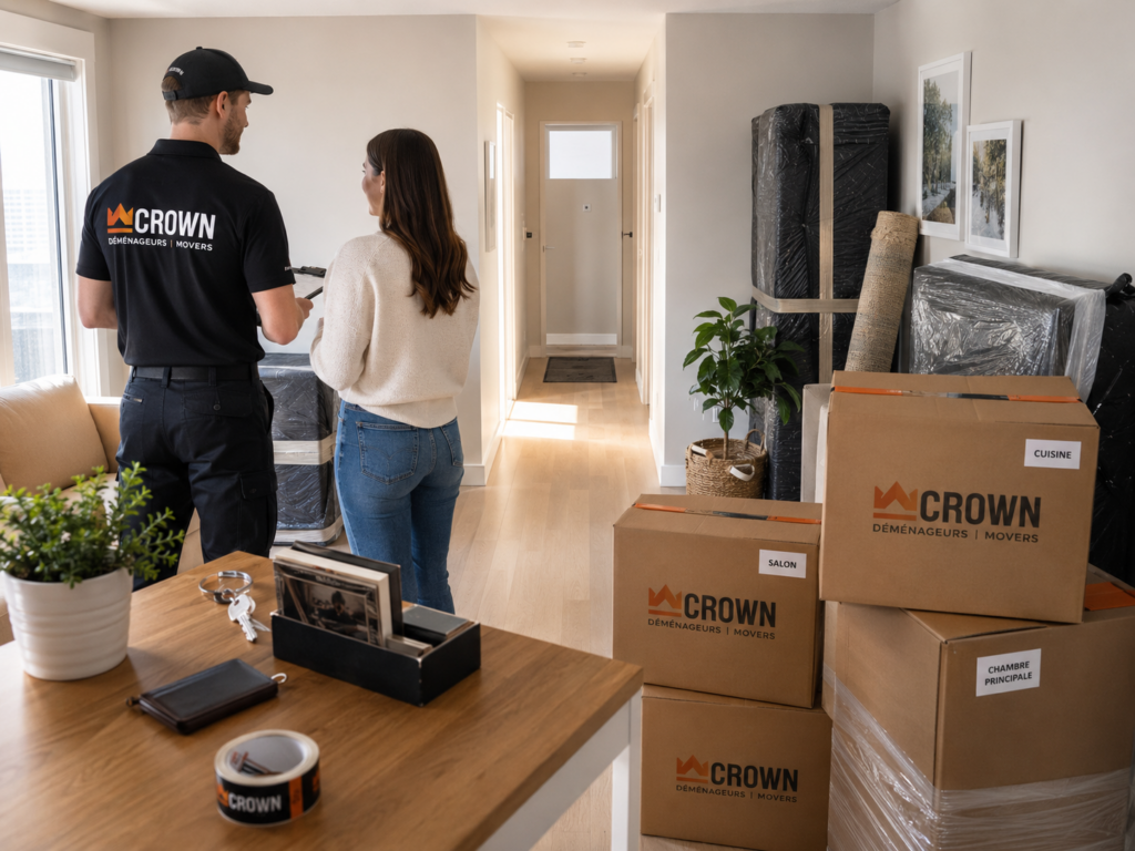 Client préparant son appartement avec un déménageur Crown, des meubles protégés et des boîtes identifiées avant le chargement.