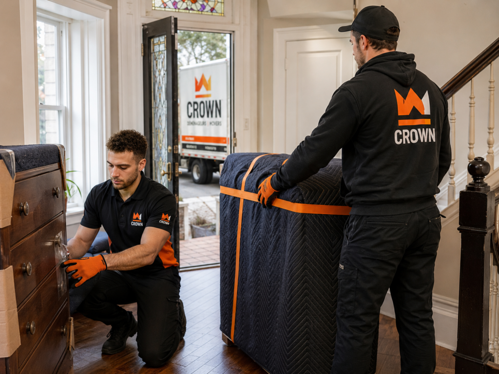 Déménageurs Crown protégeant une commode et un meuble avec couvertures et sangles avant leur manutention dans un escalier.
