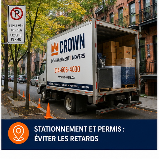 Camion Déménagement Crown stationné dans une rue de Montréal pour un déménagement local