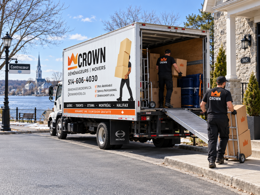 Déménageurs Crown chargeant des boîtes et des meubles protégés dans le camion pour un déménagement à Sorel-Tracy.