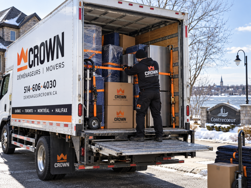 Déménageur Crown sécurisant meubles, électroménagers et boîtes dans le camion avant un transport depuis Sorel-Tracy.