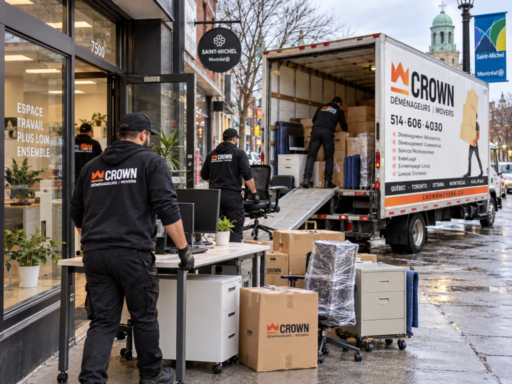 Déménageurs de Déménagement Crown effectuant un déménagement commercial avec mobilier de bureau à Montréal près de Saint-Michel.