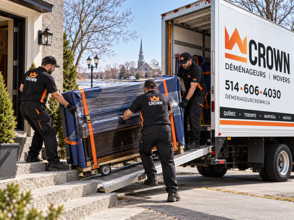 Équipe de Déménagement Crown transportant un piano protégé avec chariot et sangles lors d’un déménagement à Sorel-Tracy.