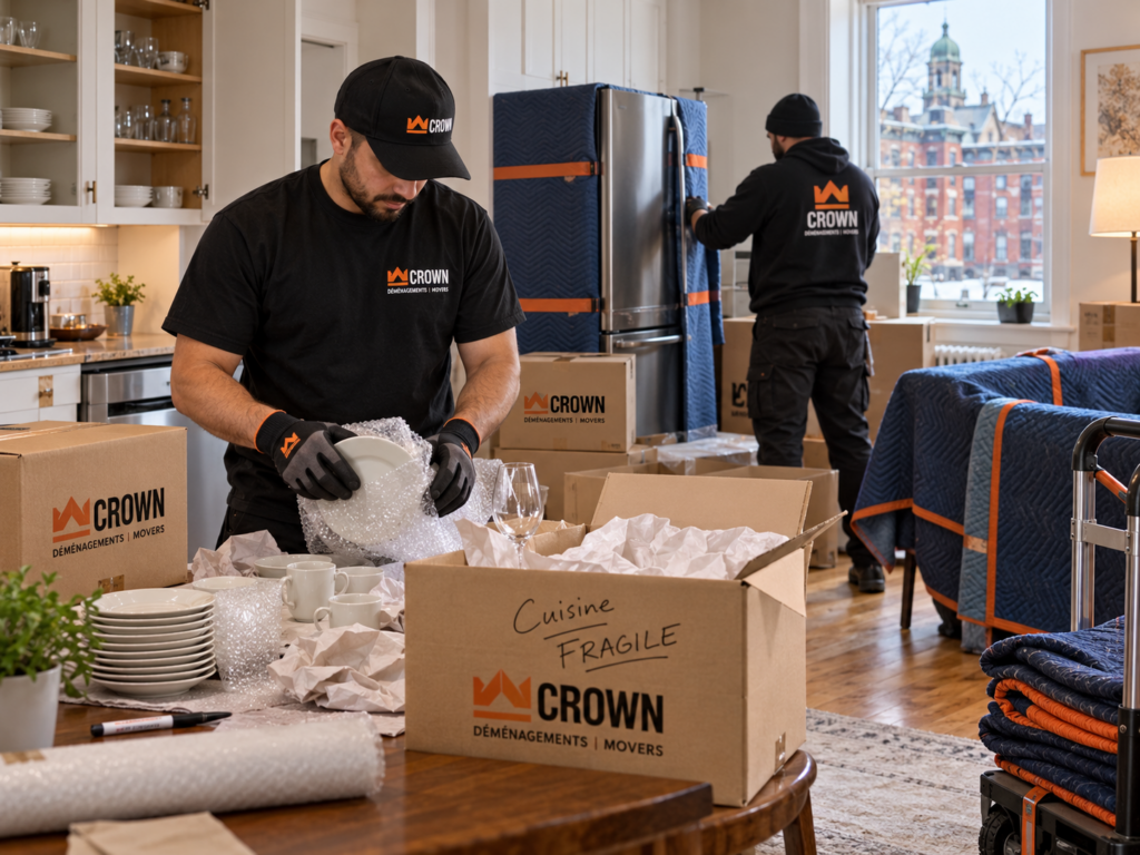 Équipe de Déménagement Crown emballant soigneusement la vaisselle et les articles de cuisine dans un logement à Saint-Michel.