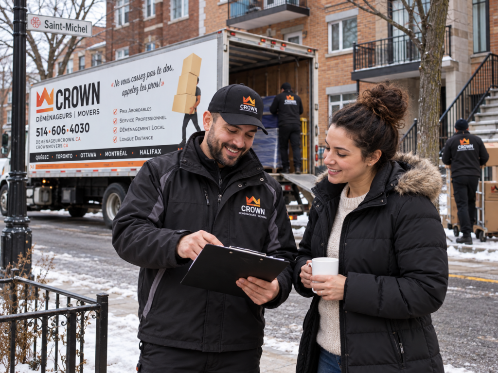 Conseiller de Déménagement Crown discutant d’un projet de déménagement avec des clients dans un appartement à Saint-Michel.