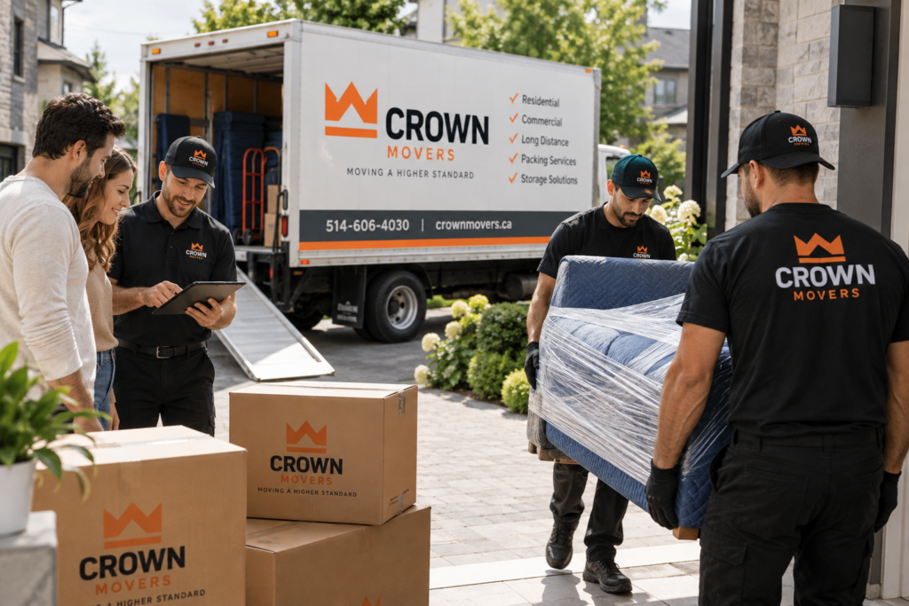 Client et représentant Crown documentant un meuble endommagé avec photos et formulaire pour préparer une réclamation de déménagement.