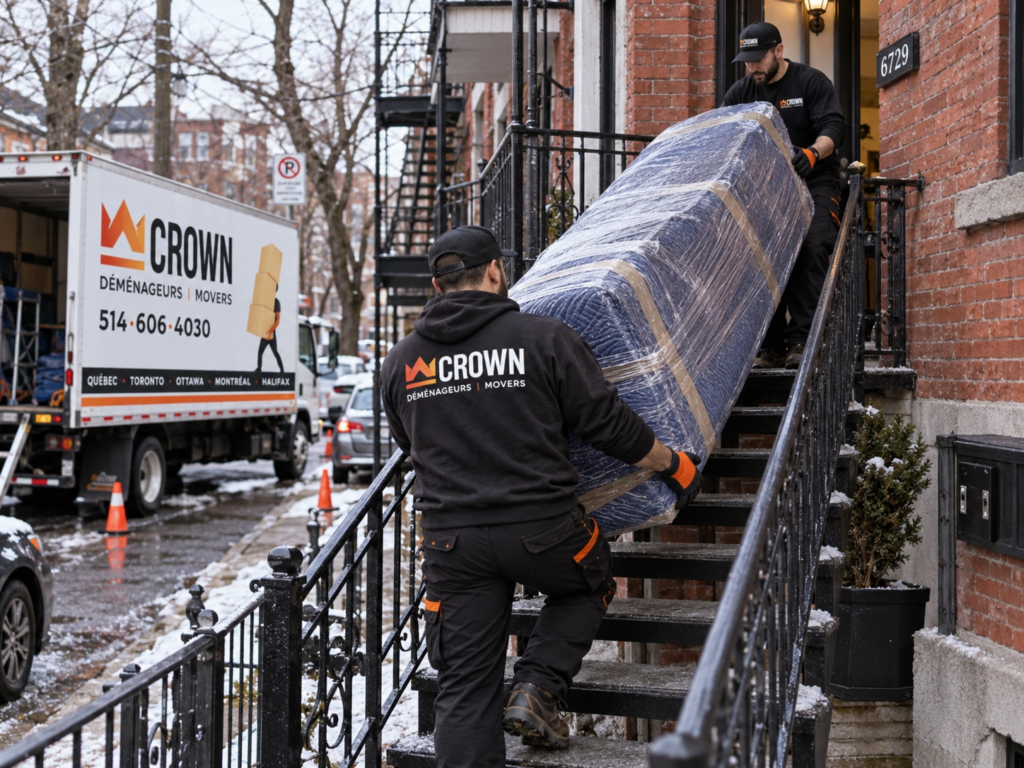 Déménageurs de Déménagement Crown transportant un sofa protégé dans un escalier extérieur à Saint-Michel, Montréal.