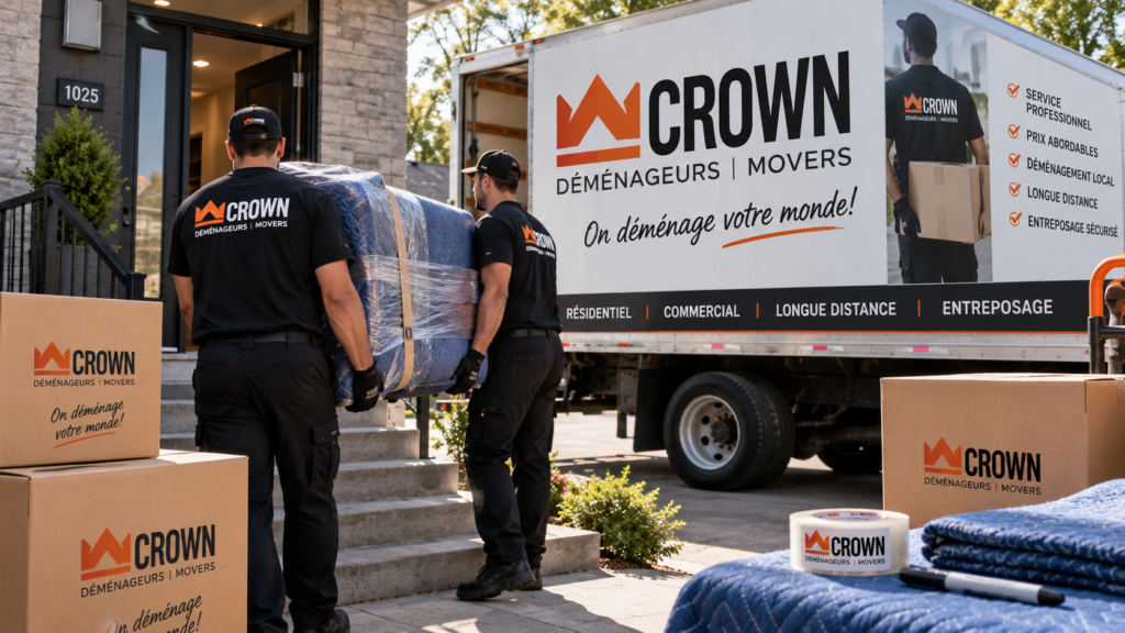 Client et responsable Crown vérifiant l’état des meubles et des boîtes à la livraison avant de confirmer la réception du déménagement.